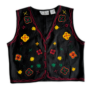Vintage 1990s Black Wool Blend Vest with Abstract Yarn Embroidery | Small-Medium